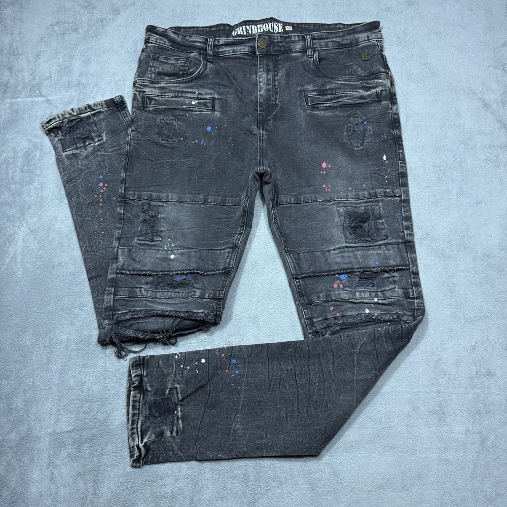 Grindhouse Denim Jeans Mens 38x32 Black Distressed Biker Moto Splatter Y2K Taper